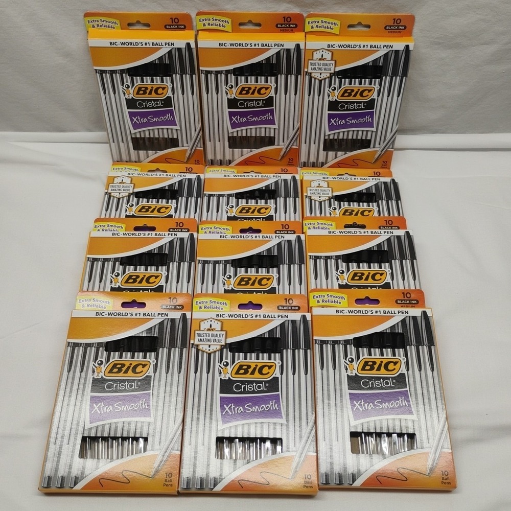 Bulk Buy 12x BIC Cristal Xtra Smooth Ball Pen, Medium, Black 68271, 10โ Ct Box